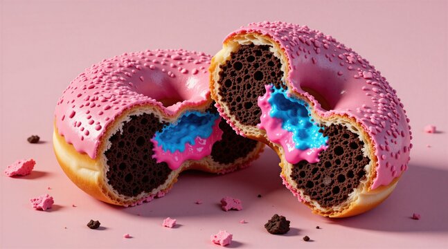 Pink frosted donut with blue cream filling cut in half on flat pink surface. Chocolate sponge interior shows sweet berry icing, sprinkles topping. Tasty bakery snack dessert for celebration. Bright