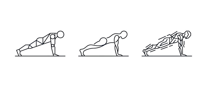 Three sequential line drawings illustrating the push up exercise movement for fitness and physical training