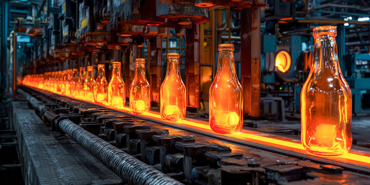 A dramatic panoramic view of automated molding machines shaping glowing molten glass into bottles on a production line