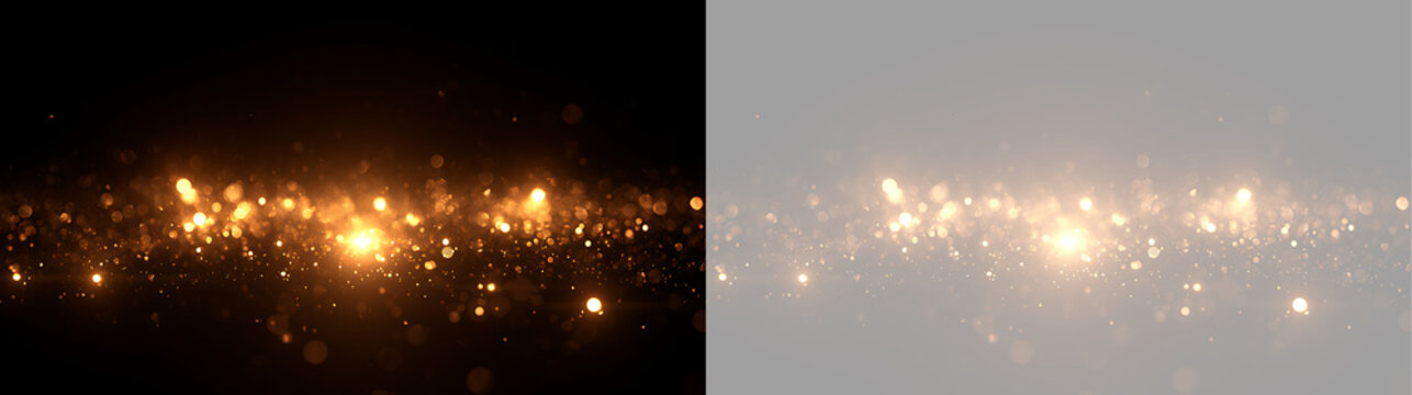 Sparkling golden particles horizontal light beam effect. Gold bokeh glitter dust line overlay