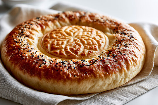 Macro view of traditional baked Uzbek flatbread patyr with sesame seeds