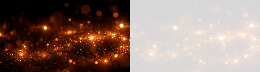 Golden glowing bokeh lights and glitter particles overlay. Sparkle magic dust banner background with copy space © TeTi