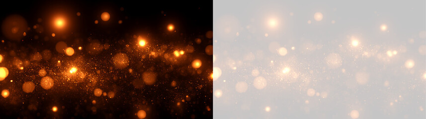 Golden bokeh lights and soft sparkling particle overlay. Warm shimmering dust magic background banner © TeTi