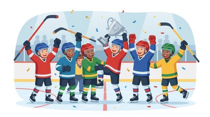Fototapeta premium Youth Ice Hockey Team Celebrating Championship Victory with Trophy