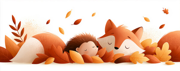 Fototapeta premium Charming digital illustration of cute woodland animals playing in colorful autumn leaves