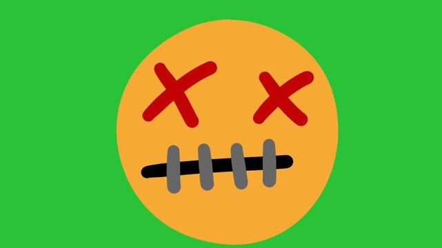 Animated Hand Drawn Dead Cross Eyes Stitched Mouth Emoji Face Green Screen Overlay