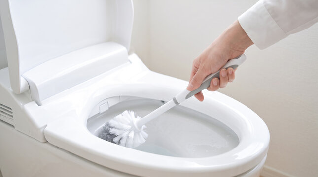 洋式トイレの便器内をトイレブラシでこすり洗いして掃除する様子・清潔で衛生的なトイレお手入れ