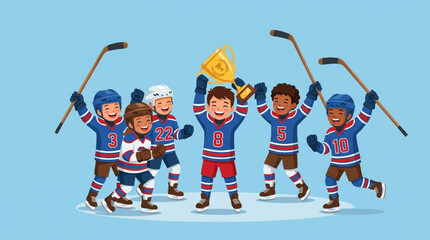 Fototapeta premium Youth Ice Hockey Team Celebrating Championship Victory with Golden Trophy Vector Illustration
