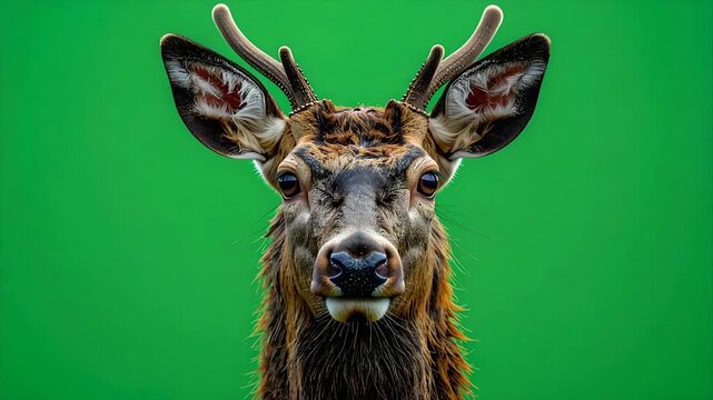 A close-up portrait of a deer with antlers, wet fur, and large eyes against a green background