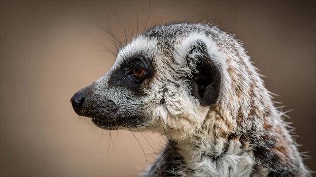 Close-up of a meerkat's profile against a blurred background, showing detailed fur and eye