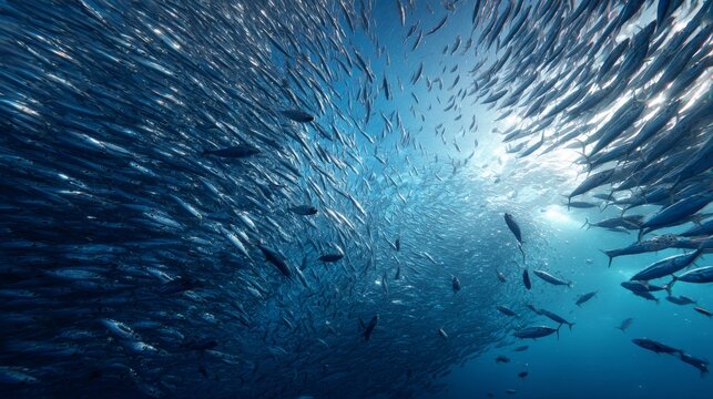 A dense school of silvery fish swims in a sunlit ocean, forming a swirling, mesmerizing mass