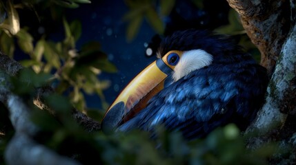 Fototapeta premium A toucan with striking blue eye and large beak nestled in a tree, hidden amongst green foliage at night