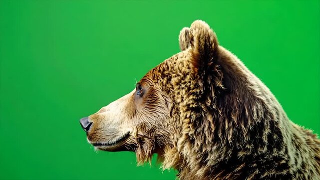 A close-up side profile of a brown bear against a bright green backdrop