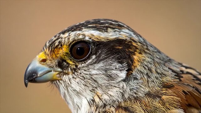 Close-up of a bird's head with focused eye, beak, and detailed feathers. Neutral background