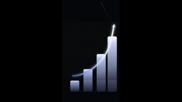 Animated bar chart showing increasing financial growth and positive business trends with an upward arrow on a dark, abstract background, symbolizing success and progress.