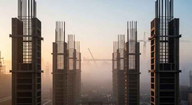 Emerging skyscrapers pierce the hazy dawn symbolizing urban growth and ambitious architectural construction projects shaping future city skylines and progress in development.