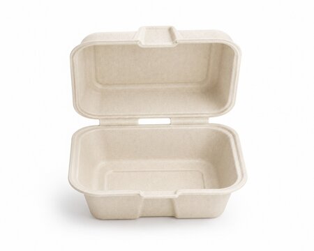 Open eco-friendly molded pulp takeout food container isolated on white. Blank biodegradable clamshell packaging mockup for sustainable catering and delivery.
