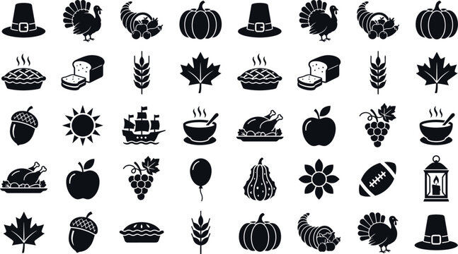 Thanksgiving icons set turkeys pumpkins pies fall elements for holiday designs