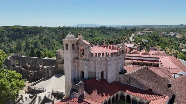 Close Drone Orbit Around the Charola in Tomar, Portugal