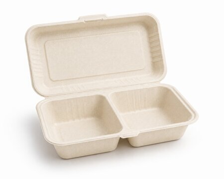 Open eco-friendly molded pulp takeout food container with two compartments isolated on white. Blank biodegradable clamshell packaging mockup for sustainable delivery.