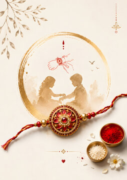 Minimal Raksha Bandhan Greeting with Rakhi and Brother Sister Silhouette