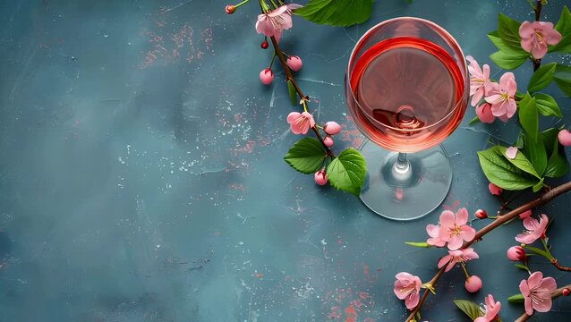 Glass of rose wine decorated with cherry blossom flowers on textural blue background. Elegant drink presentation for spring holiday or restaurant menu design.