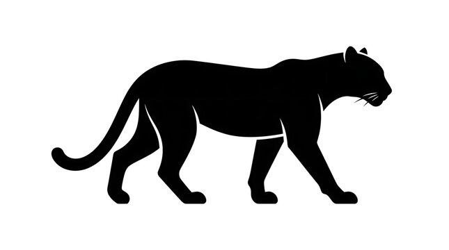 Black panther silhouette walking gracefully with sleek muscular body on white backdrop.