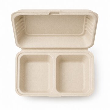 Top view of an open eco-friendly molded pulp takeout container with two compartments. Biodegradable bagasse clamshell packaging mockup for sustainable food delivery.