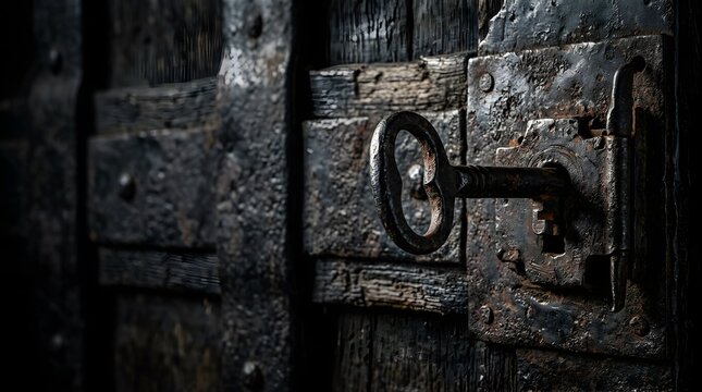 Old iron key inserted into a rustic dark wooden door lock in close up