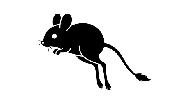 Minimalist graphic icon of a jumping desert mouse or jerboa on white art background.