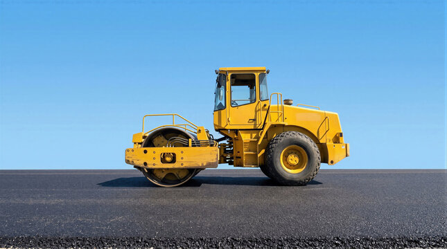 Yellow soil compactor parked on a newly paved asphalt surface. Industrial road construction machinery for highway development and infrastructure building project. Heavy equipment for civil work.