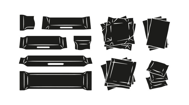 Set of black empty shopping bags and cartons with white handles on a white background for retail and packaging use