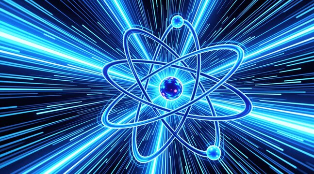 Neon blue atom model floats in dark space with bright light streaks. Glowing nucleus orbits electrons spin in fast motion around core. Physics graphic shows microscopic particle structure, cosmic