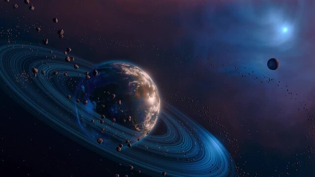 Ringed Planet with Moon in Deep Space 4K