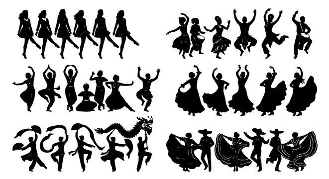 Diverse Dance Silhouettes Collection: 30 Figures, Various Styles, Festive & Cultural Performances, Vector Graphics for Celebration & Art