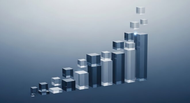 Ascending bar graph composed of transparent blue cubes demonstrating upward financial growth and progressive data analysis visualizing success and increasing business performance metrics.