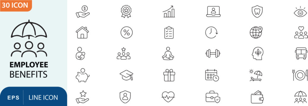 Employee benefits icons set hr insurance wellness and financial perks