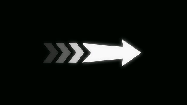 A bright white arrow symbol with a trailing effect of progressively darker grey chevrons points to the right against a black background, signifying direction, movement, speed, or a forward
