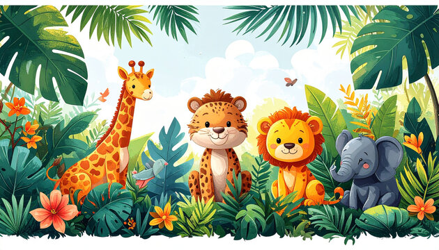 Cute Jungle Animals Illustration with Tropical Forest Background