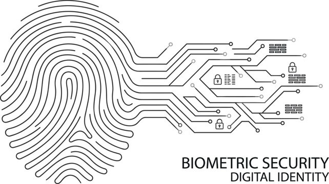 Biometric Security Digital Identity with Fingerprint Authentication and Encrypted Data Network Line Icon