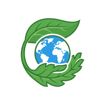 The Earth globe is cradled by two large green leaves. This symbol represents environmental protection and sustainability.