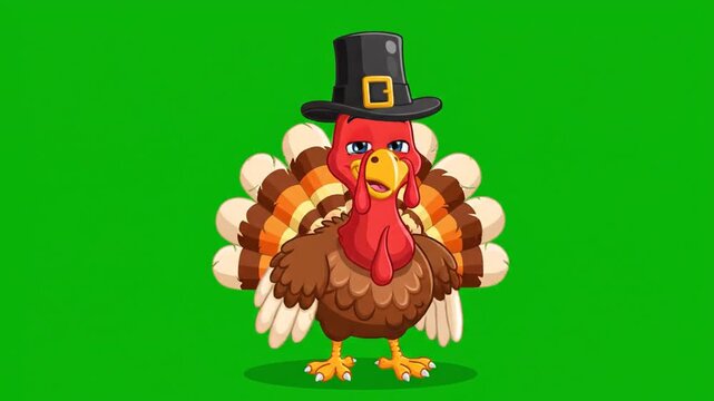 Cartoon turkey wearing pilgrim hat on green background