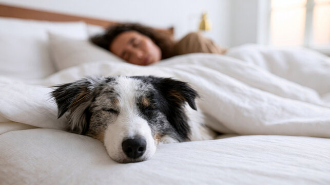 Australian Shepherd Sleeping Peacefully on Bed Beside Owner in Scandinavian Bedroom