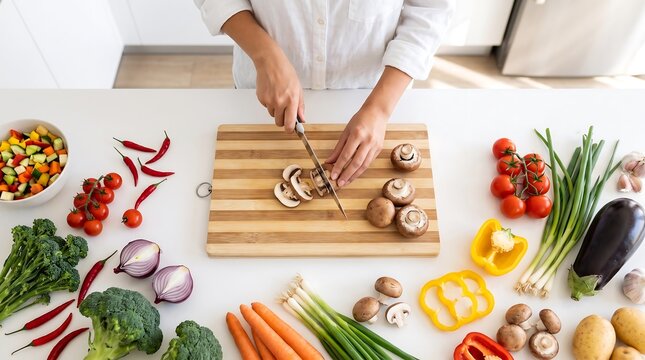 Woman slicing fresh organic mushrooms on wooden cutting board in bright modern kitchen