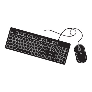 Black Computer Keyboard And Wired Mouse Vector Icon On White Background.