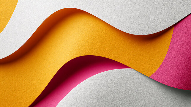 Yellow curve paper, pink layer, white textured background, abstract minimalist fluid gradient with soft shadow and dynamic wave