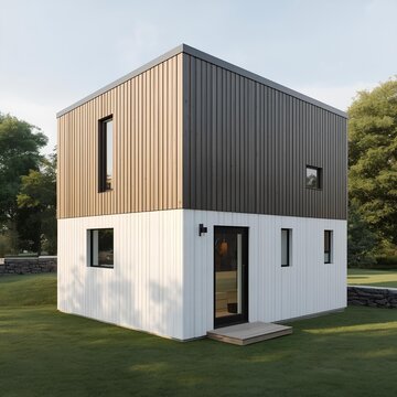 Commercial architectural visualization of a buildable Scandinavian knockdown house, actual footprint 3 &times; 6 meters, narrow 3-meter-wide two-story design optimized for affordability, modular fabrication
