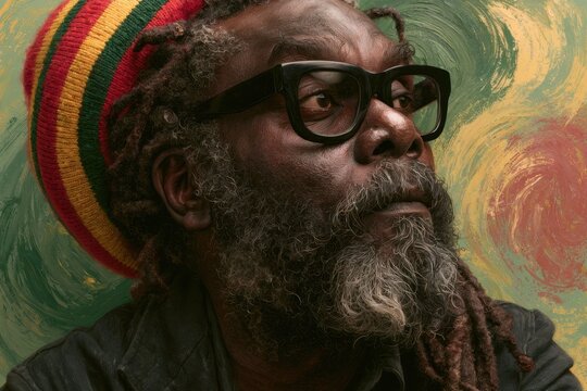 Elderly black man with dreadlocks wearing thick black glasses and a rasta-colored beanie, contemplative expression, against an abstract painted