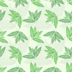 Mint leaf seamless pattern with layered herbal green ink stamps on pale minty background for organic cosmetics packaging refreshing beverage branding and summer textile design © MarhaRyta