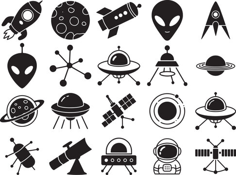 Space exploration set featuring rockets, planets, aliens, uf os, satellites, and astronauts in black on white